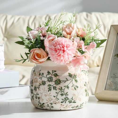Vintage Planter Large Ceramic Plants Pot Green Pink Pastoral Floral Ice Crack Cottage Scroll Vase Flower Vase Pot Indoor Plants Home Kitchen Decor Farmhouse Antique Decorative Gifts - color: Beige Green, size: Pastoral Floral