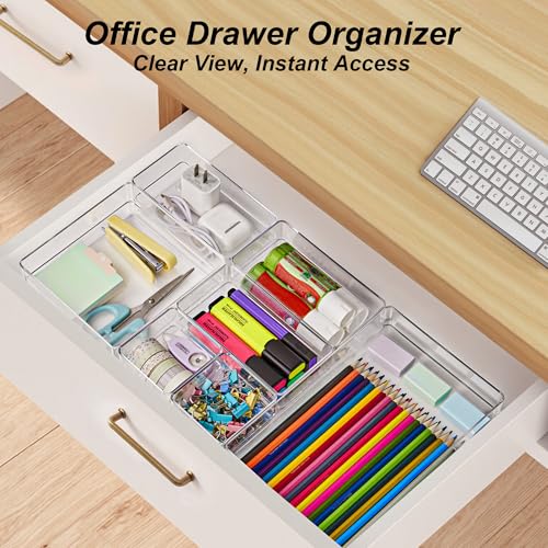 SMARTAKE 7-Piece Drawer Organizer with Non-Slip Silicone Pads, 4-Size Desk Drawer Organizer Trays Storage Tray for Makeup, Jewelries, Utensils in Bedroom Dresser, Office and Kitchen (Clear) - style: 7 PCS
