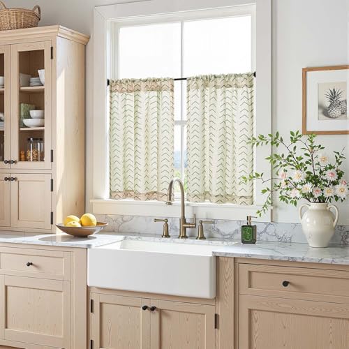 jinchan Boho Linen Blend Kitchen Curtains 24 Inch Length Herringbone Printed Tier Curtains for Small Windows Bathroom Cafe Laundry Room Set of 2 Rod Pocket Green on Linen - color: Arrow | Green on Linen, size: 26"W x 24"L (Pack of 2)
