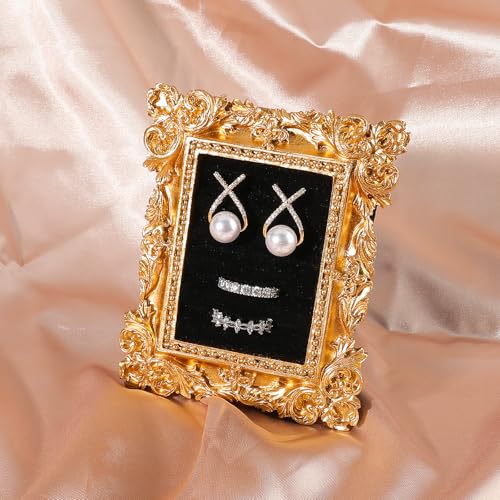 Vintage Ring Holder Rectangle Gold Velvet Display Stand - Baroque Jewelry Organizer Box Tray for Wedding Engagement Anniversary Women Birthday Christmas Gift Photograph Prop (MPF05-Gold Black) - color: MPF05-Gold Black