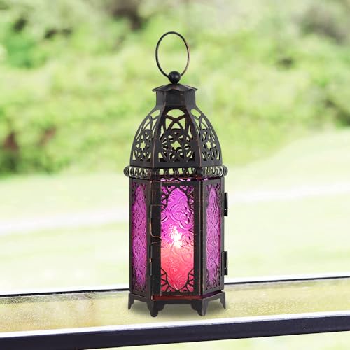 DECORKEY Halloween Lanterns Decorations Indoor & Outdoor, 11’’ Medium Size Vintage Metal Hanging&Tabletop Candle Holder Decor, Christmas Ramadan Decorations for Home Porch Patio (Purple) - color: Purple - 11''h, size: Medium