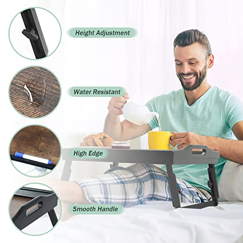 2 Pack Bed Tray Table Breakfast Trays Serving Tray Adjustable Height for Eating Bamboo Bed Laptap Floding Legs with Handles and Phone Holders - style: 2 pack(Adjustable height)