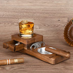 Scotte Ashtray Coaster Whiskey Glass Tray & Wooden Ash Tray with Cigar Cutter,Include Drawer and Cigar Slot Home Office Outdoor Great Cigar Accessories for Men - color: Brown