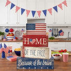 CroBlissful 4 Pcs Memorial Day Decorations Patriotic 4th of July Tabletop Decor Red White Blue Table Centerpieces Wood Block God Bless Sign for Tiered Tray Home Shelf Mantel - style: Flag