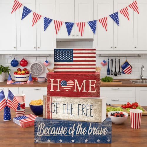 CroBlissful 4 Pcs Memorial Day Decorations Patriotic 4th of July Tabletop Decor Red White Blue Table Centerpieces Wood Block God Bless Sign for Tiered Tray Home Shelf Mantel - style: Flag