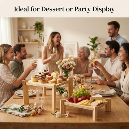 2Pack Solid Pine Wooden Display Stand, Easy to Assemble Foldable Food Rack for Fruits, Desserts and Snacks, Perfect for Parties, Restaurants, Cafes, Camping, Hotels and Wedding Table Decor