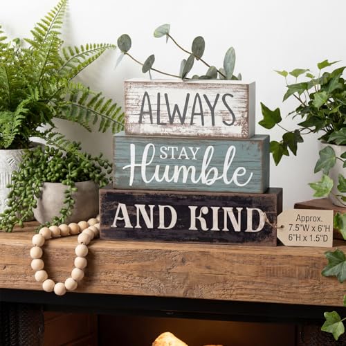Lineshading 4 Pcs Inspirational Farmhouse Table Decor Always Stay Humble and Kind Stacked Wooden Block Signs with Inspirational Quote Eucalyptus Leaves for Home, Living Room, Shelf Housewarming Gift - style: Always Stay Humble and Kind