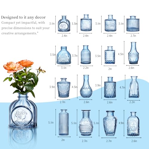 Glass Bud Vases Set of 16 - Blue Assorted Small Mini Glass Vases for Flowers, Crystal Vintage Vase Set, Bulk Centerpieces for Table Décor, Wedding, Home and Events (Blue, 16 Pcs) - color: Blue, size: 16 Pcs