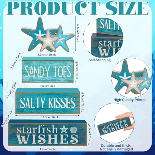 Yuntau 4 Pcs Summer Table Decorations Beach Tiered Tray Decor Starfish Coastal Rustic Wooden Block Sign Stacked Book Nautical Table Centerpiece for Farmhouse Home Living Room Office Desk Shelf Mantel - style: Starfish