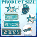 Yuntau 4 Pcs Summer Table Decorations Beach Tiered Tray Decor Starfish Coastal Rustic Wooden Block Sign Stacked Book Nautical Table Centerpiece for Farmhouse Home Living Room Office Desk Shelf Mantel - style: Starfish