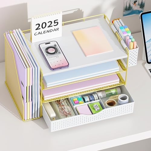 gianotter Wood Desk Organizers and Accessories with File Holder, 4-Tier Desk Accessories & Workspace Organizers with Drawer and Pen Holder, Paper Organizer for Office Supplies (Gold) - color: Gold