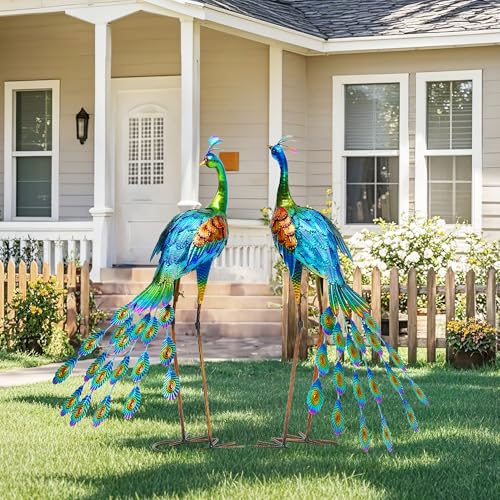 32" Oversized Peacock Decor Set of 2, Hand-Painted Metal Yard Art, Weatherproof Outdoor Garden Statues & Sculptures for Lawn, Flower Beds, Patio, Backyard or Indoor Kitchen & Home Decor - color: 32" -Green+brown