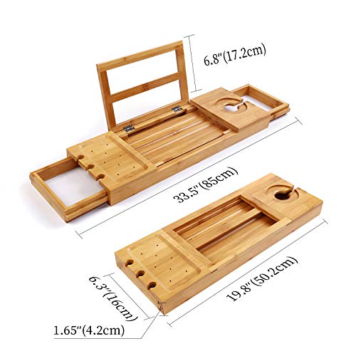 Utoplike Bamboo Bathtub Caddy Tray Bath Tray for Tub, Adjustable Bathroom Bathtub Organizer with Book Tablet Wine Glass Cup Towel Holder - color: 19.8-33.5 in