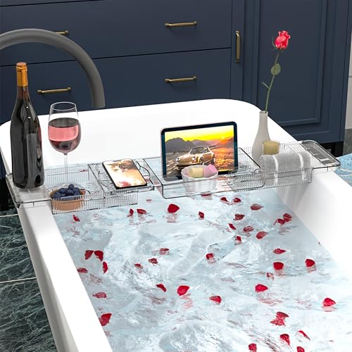 Yieach Luxury Tub Tray for Bathtub Expandable,Clear Bath Shelf Over Tub and Acrylic Bathtub Tray,Plastic Bath Board & Table,Bath Caddy Tray & Accessories for Mothers,Mom and Women Relaxing Spa Gifts - size: M - (22.3 to 31.8 in）