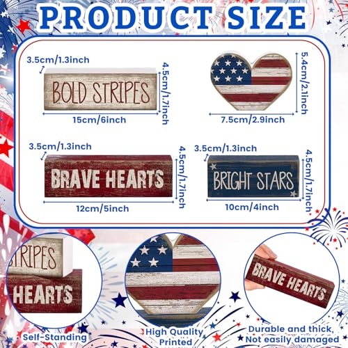 CroBlissful 4 Pcs 4th of July Decorations Patriotic Memorial Day Tabletop Decorations Red White Blue Table Centerpieces Sign for Office Tiered Tray Home Shelf 250th Anniversary(Brave Heart) - style: Brave Heart