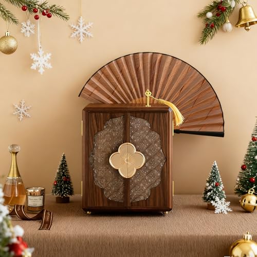 KINTNESS Wooden Jewelry Box With Key, 5 Layers Lockable Large Jewelry Organizer for Women Girls, Walnut Texture for Bracelet, Necklace, Ring, Valentines Gift for Women - style: Four-Leaf Clover Handle Design
