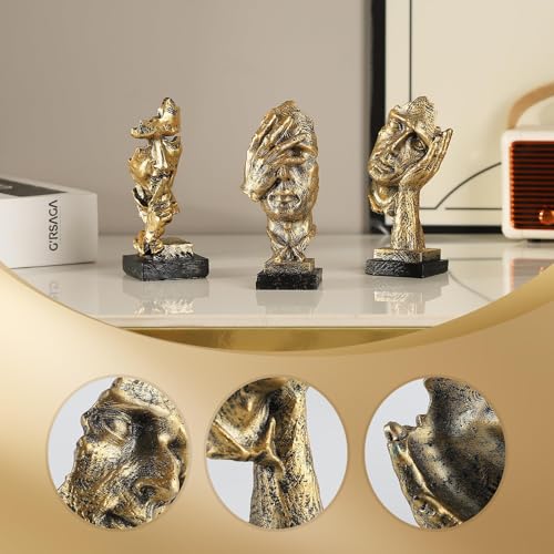 Modern Living Room Decoration - Gold Abstract Sculpture Decor for Shelves, Thinker Statues Set of 3, Resin Face Knick Knacks Home Decor for Office Bookshelf, Table, Gift for Friends - color: Gold Thinker Small Statue Set