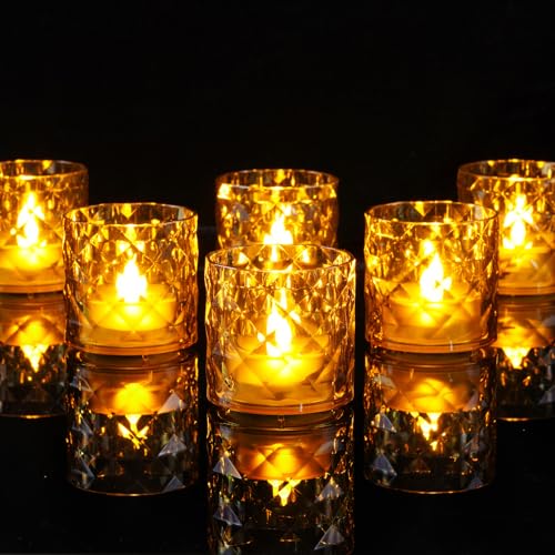 Homemory 2" x 2" Acrylic Votive Candle Holders with Auto Timer Flameless Led Tealight, Battery Powered Fake Electric Candles for Wedding Centerpiece, Table, Christmas Decor (6Pack, Gold Base) - color: Gold, size: 6 Pack