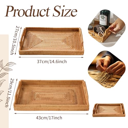 14.5'' Rattan Serving Tray Rectangle with Handles, Vintage Wicker Tray for Decor, Boho Seagrass Coffee Table Basket, Hand Woven Decorative Table Tray for Kitchen, Breakfast, Bathroom, Outdoor - size: 14.5" x 10.6" x 2"