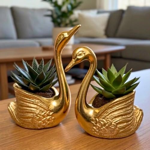 Golden Swan Decor Set of 2 Tealight Candle Holder with Glass Cups Multipurpose Mini Planter & Table Decor Luxury Metal Home Decoration Gift