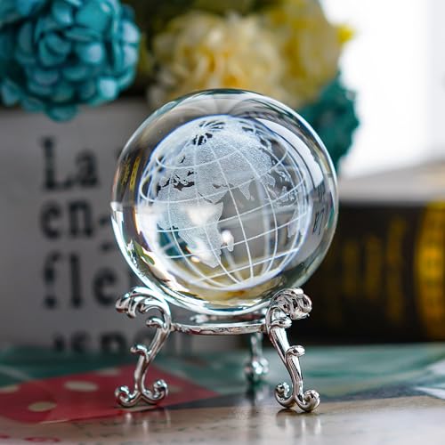 H&D HYALINE & DORA 2.3 inch (60mm) Clear Crystal Glass Ball Paperweight 3D Laser Engraved Earth Globe World Map Ball with Metal Stand Decor - color: 60mm Globe