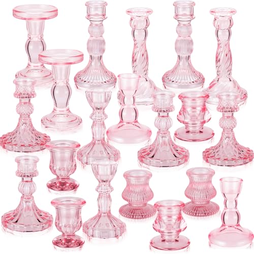 Mumufy 20 Pcs Glass Crystal Taper Candle Holders Clear Glass Candlestick Holder Fit 0.8 Inch Candles Crystal Decorative Candle Stand Centerpiece Table Wedding Dining Party(Pink) - color: Pink