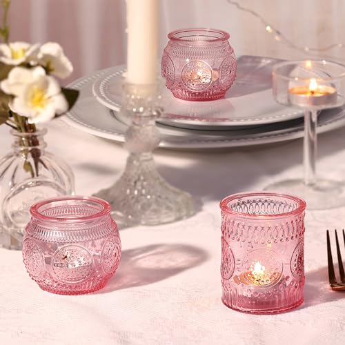 DARJEN 24Pcs Pink Votive Candle Holders- Glass Candle Holders Bulk for Flameless LED Tea Waxes, Romantic Candle Holder for Wedding Decor, Various Parties & Dinner Table - color: Pink