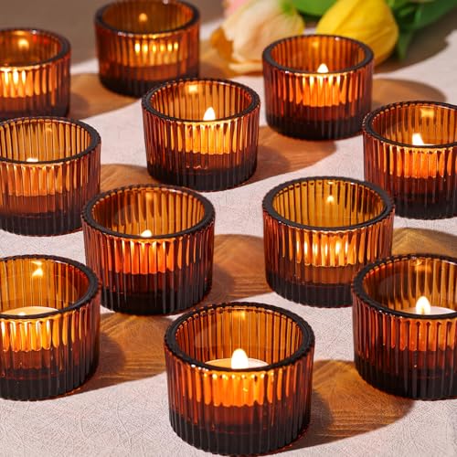 HAVITI 24 Pack Amber Tealight Candle Holders, Glass Votive Candle Holders Fall Decorations for Home Table Fall Wedding Centerpieces, Party Supplies and Vintage Decor - color: Amber, size: 1.3" x 2"