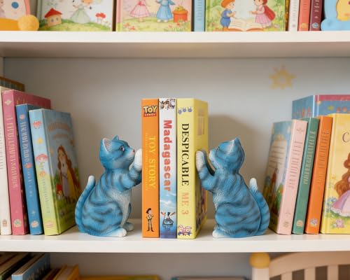 Cute Cat Bookends for Shelves, Heavy Duty Bookends, Decorative Bookends for Kids Books, Non-Skid Design, Blue Cat Statue Enthusiasts Gifts - color: Blue