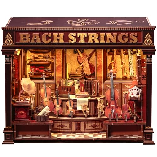 CUTEFUN Book Nook Kit - 3D Puzzle Musical Instrument Store Bookend Bookshelf Decor for Adults, Tiny House Miniature Model Building Kits, DIY Crafts Gifts for Teens & Book Lovers (Bach Strings) - style: Musical Instrument Shop
