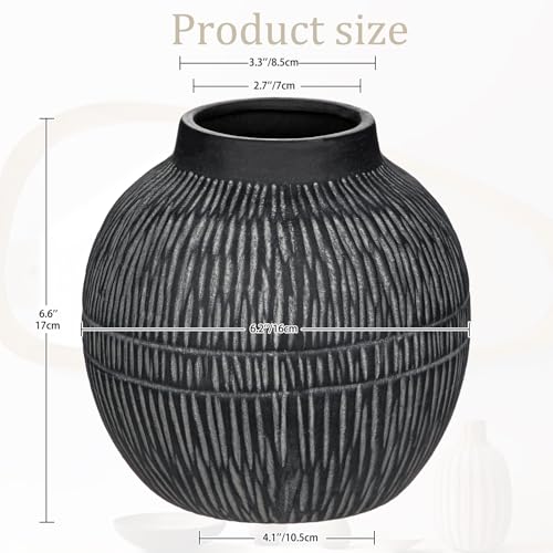 7" Short Rustic Vase with Geometric Linear Striations, Round Ceramic Vase Suitable for Leaves Stems & Flowers, Low-Profile & Cool Tone Style, Chunky, Small & Dark Grey - color: 7" Dark Grey
