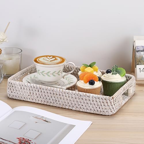 Hipiwe Hand Woven Tray with Handle Whitewash Rattan Serving Tray for Storage Rectangular Wicker Basket Tray for Key Remote Fruit Dessert Plate, 11.8 x 7.9 x2 Inch - color: Whitewash, size: 11.8" x 7.8" x 1.9"