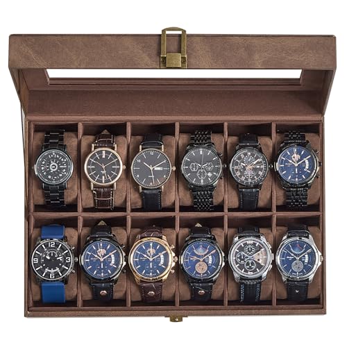 SONGMICS Watch Box, 12-Slot Watch Case Organizer with Large Glass Lid, Removable Pillows, Gift for Loved Ones, Coffee Brown Synthetic Leather, Coffee Brown Lining UJWB120KQ01S - color: Brown + Brown, size: 12 Slot