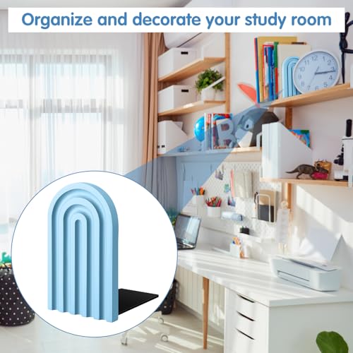 Harloon 4 Pcs Boho Arch Wooden Bookends, Decorative Rainbow Book Stoppers with Non-Slip Metal Base, 5x3x4 Inches, Cute Shelf Decor for Heavy Books, Home Office Study Desk Organizer(Denim Blue Color) - color: Denim Blue Color