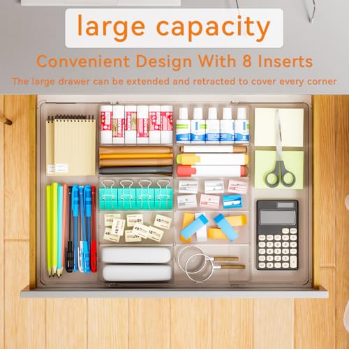 Yieach Large Expandable Desk Drawer Organizer Tray for Office Supplies and Accessories With 12 Adjustable Compartments,Office Drawer Organizers for Pencil,Pen and Kitchen Junk Drawer Organizer,Clear - size: L-12.6 to 21.3x14.5x1.8 In