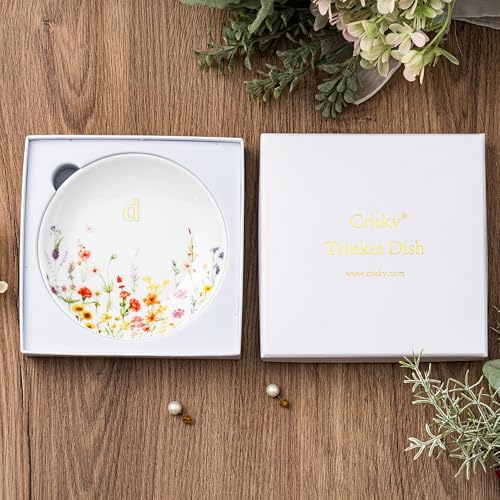 Crisky Initial Jewelry Tray Ring Dish & Gift Box, Ceramic Flower Trinket Dish for Rings Earrings Necklaces Keys, Bridal Shower Engagement Birthday Gift for Women, Friends 4.57" (Gold Foil D - style: Initial D