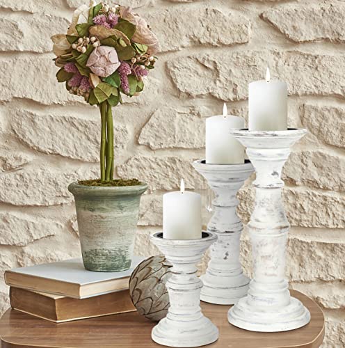 Candle Holder Stand Wooden, Pillar Candle Holders, Unity Candle Holders, Rounded Turned Colums, Country Style Ideal for Gift, Wedding, Christmas, Party, Spa - 10,8,6 Inch- Set of 3 - Antique White - color: Antique White, size: 10,8,6 Inch Set of 3 - Mid C