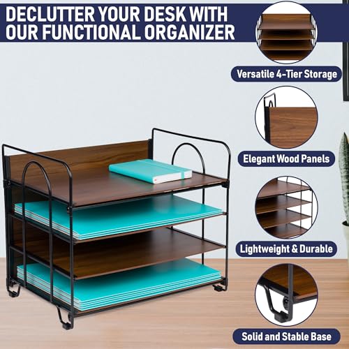 4-Tier Office Organizer, Desk File Organizer with Wood Patterned Shelves, Office Supplies Desktop Organization for Storage of Paper, Bills, Letters, Multi-Functional Desk Organization and Accessories - color: Wood