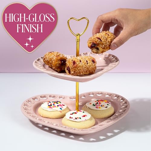 Paris Hilton 2-Tier Heart Serving Tray, Iconic Ceramic Stoneware with Metal Handle, Easy Assembly for Stylish Display, 9-Inch and 7-Inch Plates, Pink
