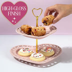 Paris Hilton 2-Tier Heart Serving Tray, Iconic Ceramic Stoneware with Metal Handle, Easy Assembly for Stylish Display, 9-Inch and 7-Inch Plates, Pink