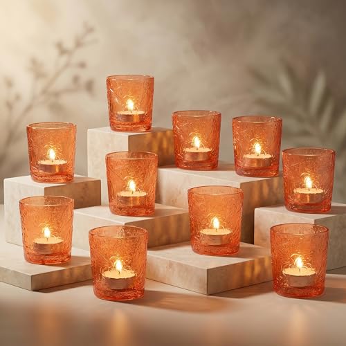 12 Pack Hummingbird Embossed Glass Candle Holders – Votive Tealight Holders with Patent Design, Decorative Embossed Glass Cups for Wedding Centerpieces, Parties, and Home Décor (Pumpkin Spice) - color: Pumpkin Spice