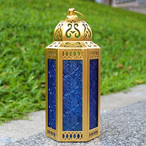 CVHOMEDECO. Decorative Candle Lantern Moroccan Lanterns Vintage Golden Metal Lantern Holder for Home Patio Outdoor Decor. Cobalt Glass, Medium - color: Cobalt G