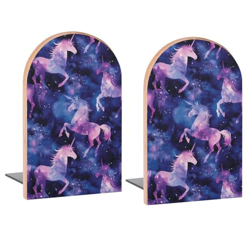 Galaxy Unicorn Book Ends Decorative Wood Bookends for Shelves Kids Room Desk Home Office Book Stoppers for Books, DVDs, 1 Pair/2 Pieces(5x3.1 in) - color: Galaxy Unicorn