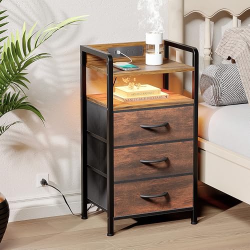 Lazzanto Night Stand Bedside Table Bedroom - Nightstand with Charging Station & LED Light Strip, Bed Side End Table with Storage Shelf & 3 Fabric Drawers, U-S-B Ports & AC Outlets, Rustic Brown - color: Rustic Brown, size: 3 Drawers