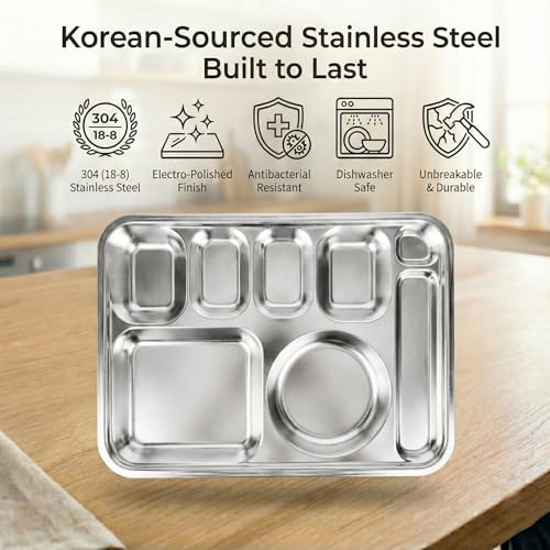 Korean Stainless Steel Divided Plates with Cutlery Slot for Adults, Premium 304, Electro-Polished, No Black Residue, BPA-Free, XL 8-Compartment Food Tray, Camping, Set of 2 - size: 8 Compartments