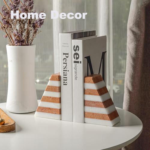 Karibiber Marble Book Ends, Non-Skid Bookends for Shelves, Composite Bookend with Natural Stone, Heavy Duty Book Stopper, Collected CDs and Oversized Books Organizer, White & Red Decorative Bookends - color: White&red