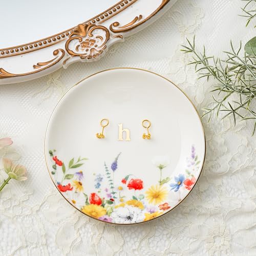 Crisky Flower Jewelry Tray Ring Dish & Gift Box, Ceramic Trinket Dish for Rings Earrings Necklaces Keys, Bridal Shower Engagement Birthday Gift for Women, Friends 4.57" (Gold Foil H - style: Initial H
