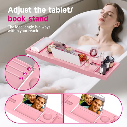 Foldable Bathtub Caddy Tray, Bamboo Bath Tub Tray Table for Tub with Wine Glass Holder Book Phone Tablet Holder with Extending Sides, Adjustable Bathroom Bathtub Free Soap Holder Gift Idea (Pink) - color: Pink