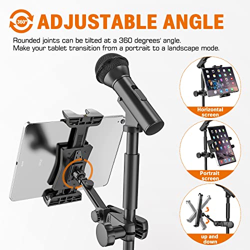 Tablet Holder for Microphone Stand, Mic Stand Tablet Holder for iPad, 360° Adjustable Clip-on Phone Mount for Shee Music Stand, Fits Devices from Screen Size 4.7 to 12.9”