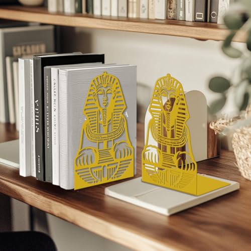 Peacoblue Metal Bookends for Shelves, Modern Decorative Heavy Duty Study Book Ends Stoppers for Office, Desk, Shelf, Room 5.3"x4.3"x7.9" Cast Iron Simple Tall Bookends 1 Pair (Golden Sphinx) - style: Golden Sphinx